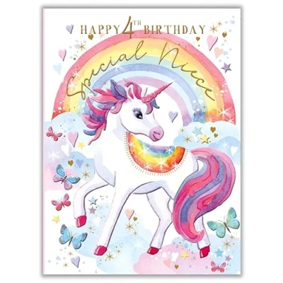 Image of Niece 4th Birthday Card Special Age 4 Pretty Unicorn and Rainbow Made in the UK Eco Friendly