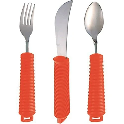 Image of Aidapt Bendable Cutlery Set with a Knife, fork, Spoon and 3x Utensil Straps. Soft Grip eating aid, Bend to any angle, Reduce Wrist stress, ideal for those Arthritis, Limited Arm Movement