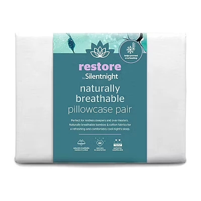 Image of Silentnight Restore Natural Breathable Pillowcase Pair Cooling Cotton Bamboo White Pillowcases for Night Sweats and Hot Flushes Soft Silky Machine Washable 2 Pack