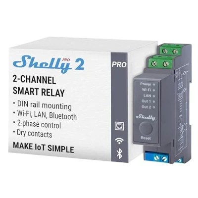 Image of Shelly Pro 2 Wi Fi, LAN &amp; Bluetooth Channel Smart Relay Switch, Home Automation, Compatible with Alexa Google Home, iOS Android App, Lights Remote Control for Motorized Valve