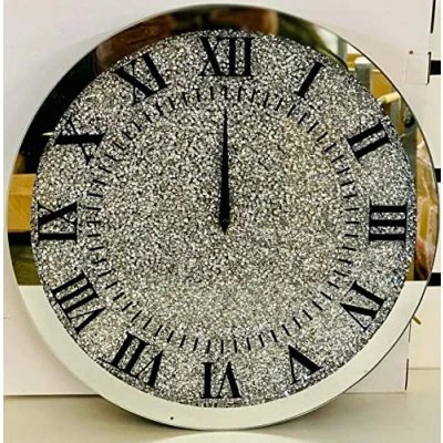 Image of Biznest Large Round 45cm Sparkly Silver Crushed Diamond Crystal Mirrored Wall Clock