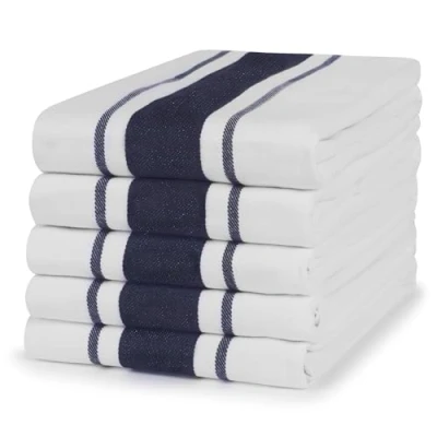 Image of 100% Cotton Tea Towel Midnight Blue Stripe Pattern, Pack of 5 Kitchen Set Absorbent, Strong, Quick Dry &amp; Machine Washable Home Decor Bathroom Accessories