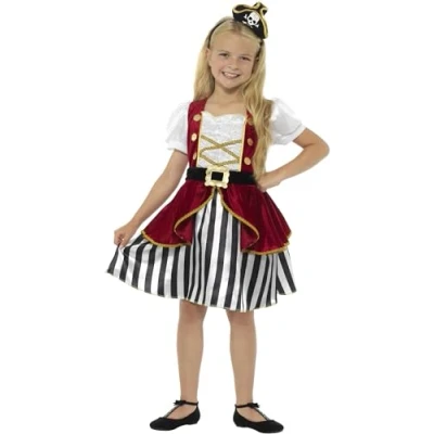 Image of Smiffys Deluxe Pirate Girl Costume, Red &amp; Black with Dress Hat, Girls Fancy Dress, Up Costumes