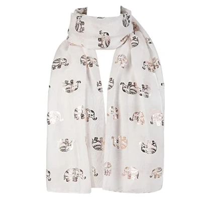 Image of London Scarfs New Ladies Women&#039;s Glitter Celebrity Designer Scarf Women Shawl Wrap (Gold Foil Elephant White)