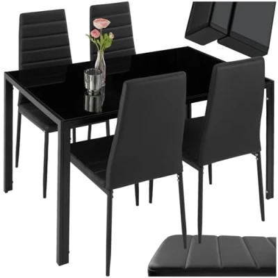 Image of TecTake® 4 Person Dining Set, Attractive Design, Comfortable Chairs, 1 Table with Robust Safety Glass Top, Lightweight and Stable, Versatile Combinable, Floor Protecting Plastic Caps black