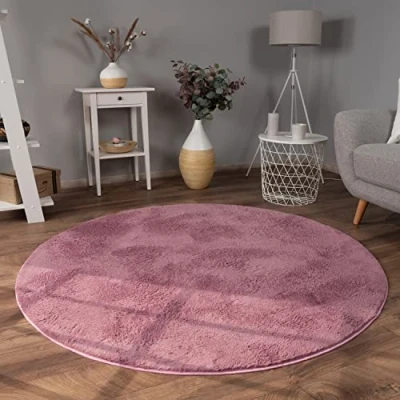 Image of Paco Home Large Rug Faux Fur Fluffy Shaggy High Pile Soft Washable, Size:Ø 200 cm round, Colour:Purple Pink
