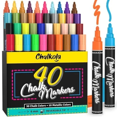 Image of Chalkola Liquid Chalk Pens for Blackboard, Chalkboard, Whiteboard, Window, Labels, Glass, Board Pack of 40 (Neon, Pastel &amp; Metallic) Paint Colours Wipeable Markers 6mm Reversible Tip