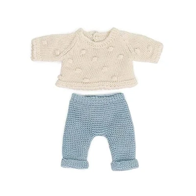 Image of MINILAND Dolls: Knitted Doll outfit 21cm Sweater &amp; Trousers, made of recycled materials, for Baby doll. Model: Trousers in blue.