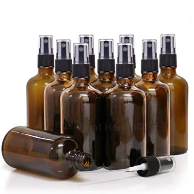 Image of Intelligent Healthcare PACK of 10 100ml Amber Glass Spray Bottles with BLACK ATOMISER Mist Sprayers Reusable Recyclable for Cosmetics/Essential Oil/Aromatherapy/Liquid/Medicine Use