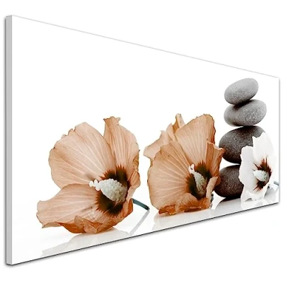 Image of Wallfillers Large Canvas Prints of Sepia Flowers and Grey Pebbles Brown Floral Wall Art 1073 118x49cm