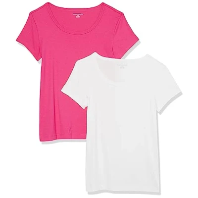 Image of Amazon Essentials Women&#039;s Slim Fit Cap Sleeve Scoop Neck T Shirt, Pack of 2, White/Dark Pink, M