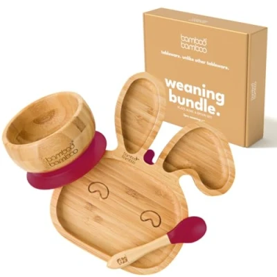 Image of Bamboo Baby Plate &amp; Bowl Weaning Set, Suction and for Feeding Weaning, Bunny Plate, Toddler Spoon, Plates Babies from 6 Months (Bunny, Cherry)