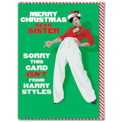 Image of Brainbox Candy Funny Sister Christmas Card &#039;This Isn&#039;t From&#039; Harry Styles Themed Xmas Cheeky Joke Cards For Siblings With A Sense Of Humour Merry