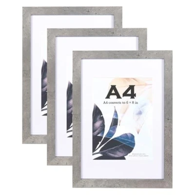 Image of Cement Grey Wooden Picture Frame A4 with Mount,Set of 3,A4 Frame,A4 Poster certificate frame,Freestanding and Wall Mountable