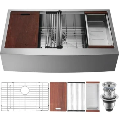 Image of VEVOR Farmhouse Kitchen Sink, 304 Stainless Steel Drop in Sinks, Top Mount Single Bowl Basin with Ledge &amp; Accessories, Household Dishwasher Sinks for Workstation, Prep Kitchen, and Bar 33 inch