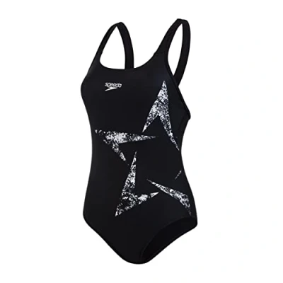 Image of Speedo Women&#039;s Boomstar Placement Racerback Swimsuit, Black/White, 12 UK