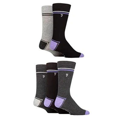 Image of Mens 5 Pair Farah Plain, Striped and Patterned Everyday Bamboo Socks Contrast Heel &amp; Toe Black / Purple 6 11
