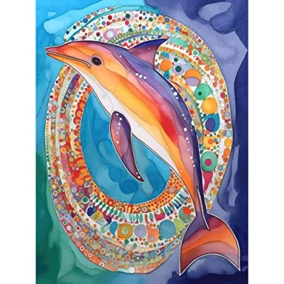 Image of Artery8 Rainbow Dolphin And Pattern Hoop Folk Art Watercolour Painting Unframed Wall Print Poster Home Decor Premium