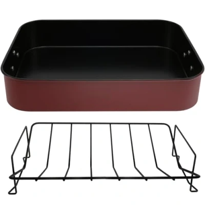 Image of Deep Roasting Tin with Rack, Carbon Steel Pan Handle, Nonstick Turkey Roaster Tray for Chicken, 41.5x32x8cm