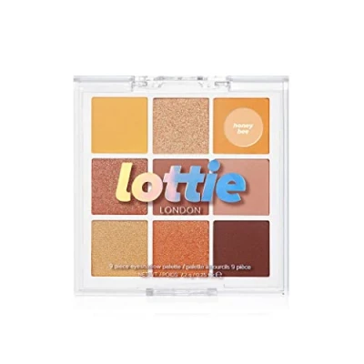 Image of Lottie London palette in Honey Bee, 9 shade compact eyeshadow golden sunset tones and neutral shades a mix of creamy mattes sparkling shimmers
