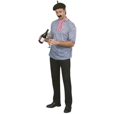 Image of Smiffys French Man Set, Black with T shirt, Beret, Scarf and Moustache, Around The World Fancy Dress, Dress Up Accessories