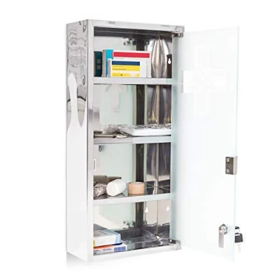 Image of Relaxdays Large Medicine Cabinet, 57 x 27 12 cm, Stainless Steel, Lockable, 4 Shelves, With Frosted Glass Door, Silver