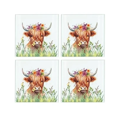 Image of Highland Cow Coaster Set Square Glass Flower Crown Animal Design of Four (4) Coasters