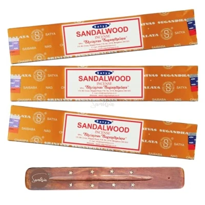 Image of Satya Nag Champa Sandalwood incense sticks x3 pack with SAMASIA holder Used for Aromatherapy, Spa, Yoga, Weddings, Meditation, Healing, Positivity and Relaxation
