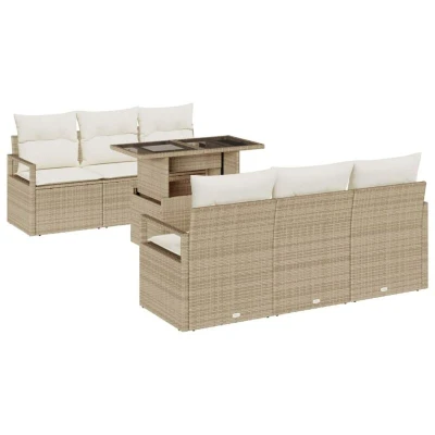 Image of vidaXL 7 Piece Garden Sofa Set with Cushions Beige Poly Rattan