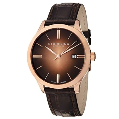 Image of Stuhrling Original Classic Cuvette II Men&#039;s Quartz Watch with Brown Dial Analogue Display and Leather Strap 490.3345K14