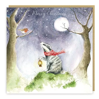 Image of Tracks Publishing Pack of 5 Open Christmas Greetings Cards Badger and Robin Stunning Illustration With a Gold Foil Finish 1 Design From The Love Country Range
