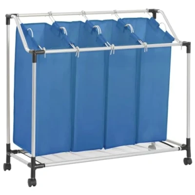Image of vidaXL Laundry Sorter with Durable Steel Frame and 4 Bags, Easy to move Design Castors Handles, Load Capacity up 20 kg, Suitable for Room Utility Blue