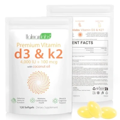 Image of Vitamin D3&amp;K2 Supplement Softgel, 4000 IU VIT D3 + 100 MCG with Coconut Oil, 120 Easy Swallow K2 Tablets, Gluten Free, High Strength Vegetarian and Supplements