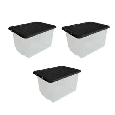 Image of Aspect Pack of 3 Transparent Plastic Storage Bins with Lids Sturdy Design for Stackable Organization Ideal Home &amp; Accessory Versatile and Functional Solutions (Black, 30 Litres)