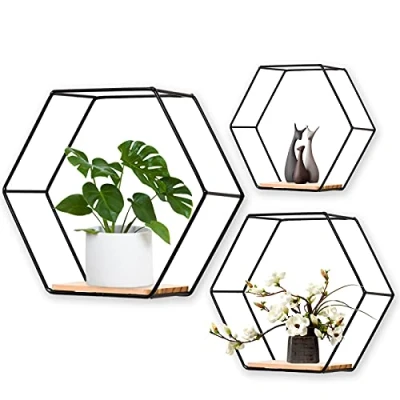 Image of LMYDIDO Set of 3 Hexagon Wall Shelves, Hanging Metal and Wood Floating Storage Organiser for Kitchen Shelf, Bathroom, Bedroom, Decoration (Black)