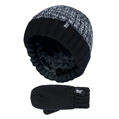 Image of HEAT HOLDERS Kids Boys Winter Knitted Thermal Fleece Lined Cuffed Beanie Hat and Mittens Set (3 6 Years, BTO1P6)