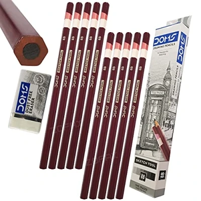 Image of ZOFAX SKETCHING PENCILS, Grade 8B, Pack of 10, Professional Artist Drawing Pencils Eraser Set, Sketch Draw Tone Shade Write, Black Ball Pen