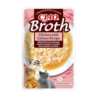 Image of Ciao Broth by INABA Cat Treat Chicken with Salmon 1 Pack (40g total) / Moist Treat, Delicious &amp; Healthy Snack, Food Topper, Side Dish, Complement, Natural, Grain Free, Wet