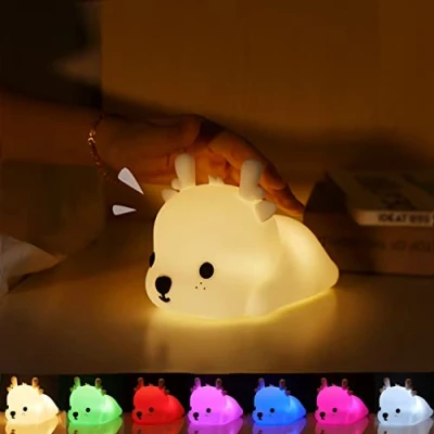 Image of SAMLAK Cute Elk Night Light Baby, Led Silicone Bedside Lamp with 7 Changes and Tap Control USB Charging Sleep Lights for Girls Boys Nursery Decoration Gifts