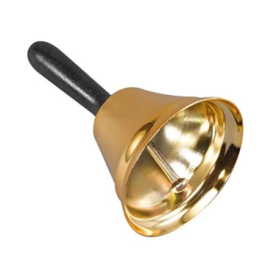 Image of Santa Claus Ringing Gold Bell Prop Hand Held Father Christmas Xmas Fancy Dress Costume Accessory New Shiny Black Handle Deluxe
