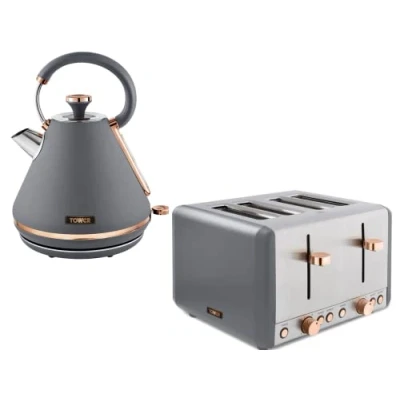 Image of TOWER Cavaletto 3KW 1.7L Pyramid Kettle &amp; 4 Slice 1800W Toaster Matching Set in Grey Rose Gold