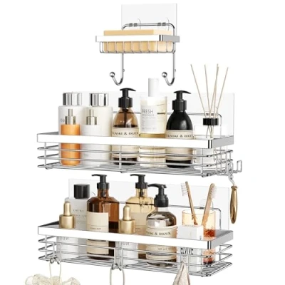 Image of Orimade Adhesive Shower Caddy Soap Dish Holder Shelf with 5 Hooks Bathroom Organizer Basket Kitchen Storage Rack Wall Mounted No Drilling Stainless Steel 3 Pack, Silver