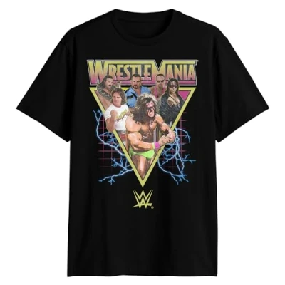 Image of WWE Wrestlemania Champions Bret Hart Ultimate Warrior Piper Adult T Shirt, Black, Large