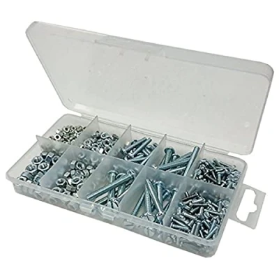 Image of Merriway BH06567 (110 Pcs) Assortment of BZP Pan Head Machine Screws &amp; Hex Nuts in a 10 Compartment Carry Case Pack 110 Pieces