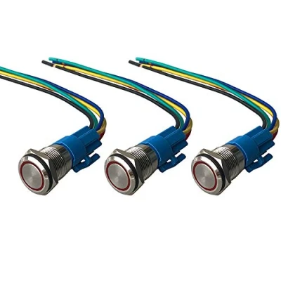 Image of QitinDasen 3Pcs Premium 16mm Momentary Push Button Switch, 12V / 24V 5A Car Ignition Starter Red LED Light IP67 Waterproof Metal Switch with Socket Plug Wire
