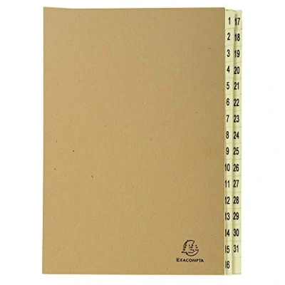 Image of Exacompta Ref 22219E Kraft Multipart File, 25x33cm for A4 Sized Documents, 1 31 Printed Tabbed Sections, Expandable Spine, Brown Thick Card Cover, Blue Angel Certified
