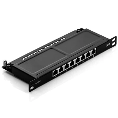 Image of deleyCON, Cat 6a 0.5U Patch Panel Mini, 8 Port, Screened, TIA568A/B, Metal, Black, Rack Mount for Desktop &amp; Server