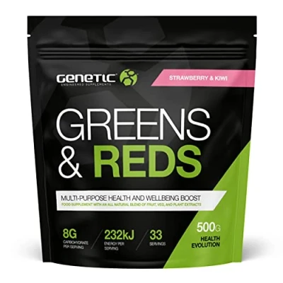 Image of Genetic Supplements Super Greens Powder 32 Superfoods Powder, Vitamin &amp; Mineral Formula, Vegan Friendly, Strawberry Kiwi, 33 Servings, 500g