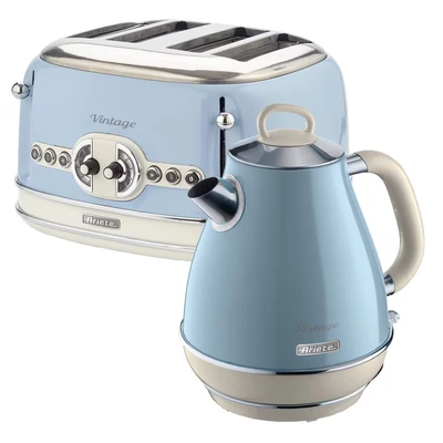 Image of Ariete ARPK21 Retro Style Jug Kettle and 4 Slice Toaster Set, Vintage Design, Blue