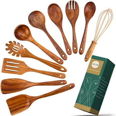 Image of 10 Pack Wooden Spoons for Cooking, Teak Wood Kitchen Utensils Set Non Stick Use, Spatula Stirring, Baking,